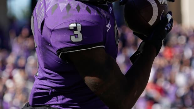 Nov 5, 2022; Fort Worth, Texas, USA; TCU Horned Frogs running back Emari Demercado (3) makes the touchdown reception during the second half of a game against the Texas Tech Red Raiders at Amon G. Carter Stadium. Mandatory Credit: Raymond Carlin III-USA TODAY Sports